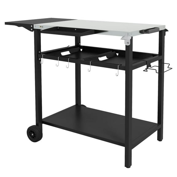 Spaco 2 Tiers Shelf Outdoor Bar Cart, Stainless Steel Tabletop Patio Serving Cart with Accessories for Poolside, Garden, Black