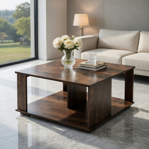 Spaco 2 Tiers Square Coffee Table with Storage and Non-Slip Foot Pads-Rustic Brown, Modern Coffee Table for Living Room Office Reception