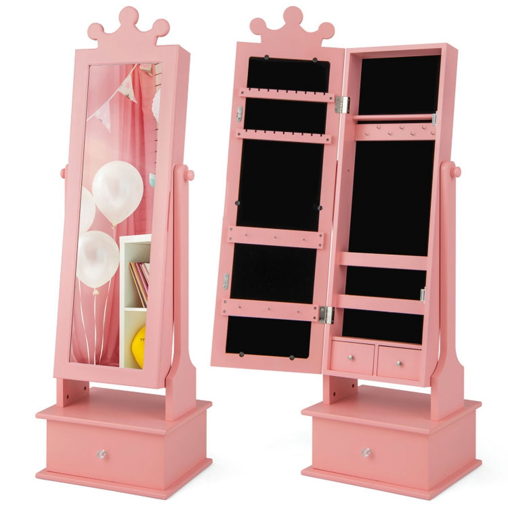 Spaco 2-in-1 Kids Play Jewelry Armoire with Full Length Mirror and Drawers-Pink, Girls Vanity for Girls Kids