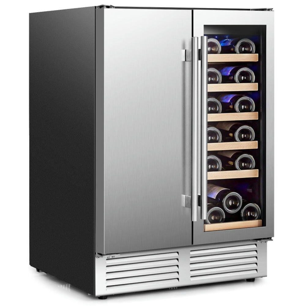 Spaco 2-in-1 Large Capacity Wine Cooler with 9 Shelves, Beverage and Wine Cooler with Independent Temperature Control and LED Lights, Beverage and Wine Cooler for Indoor, Silver