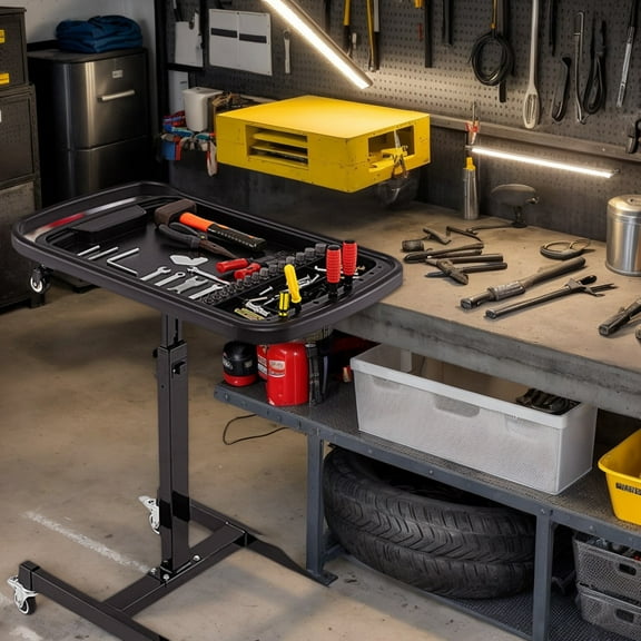 Spaco 2-in-1 Rolling Tool Tray Height Adjustable Work Table, Table with Detachable Part Tray for Patio, Garden, Backyard, Black