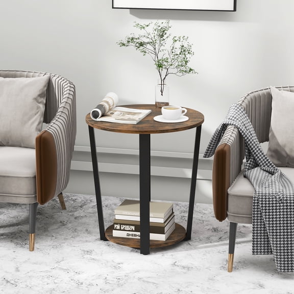 Spaco 2-tier Round End Table with Storage Shelf and Metal Frame-Brown, Small Side Table, End Table for Bedroom Living Room