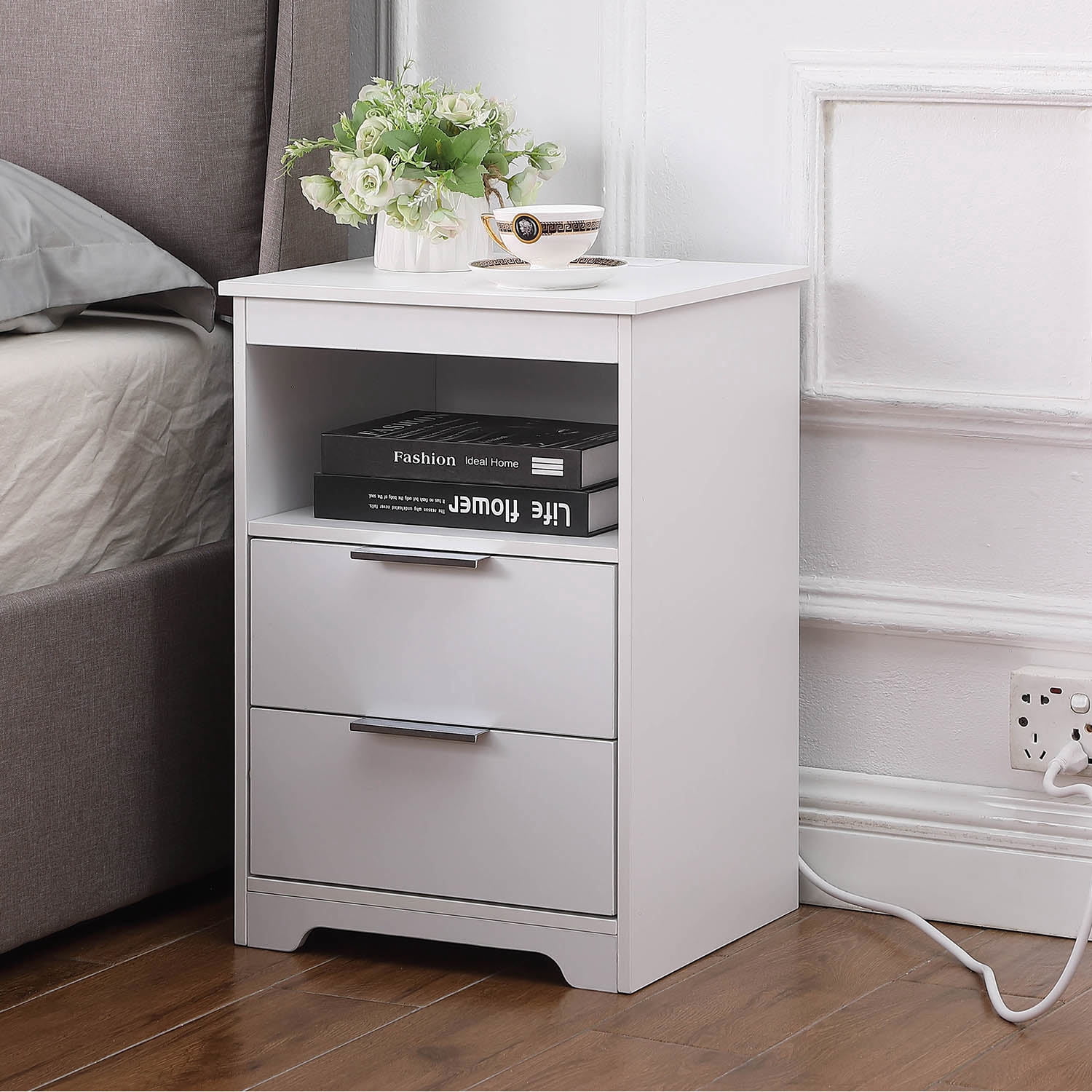 Spaco 22" Nightstand with Charging Station, Wooden End Table with 2 ...