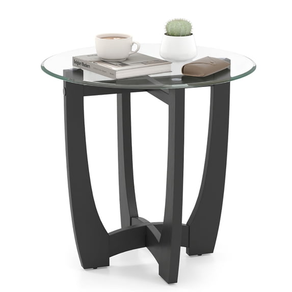 Spaco 23.5 Inch Round End Table, Side Table with Tempered Glass Tabletop, Black