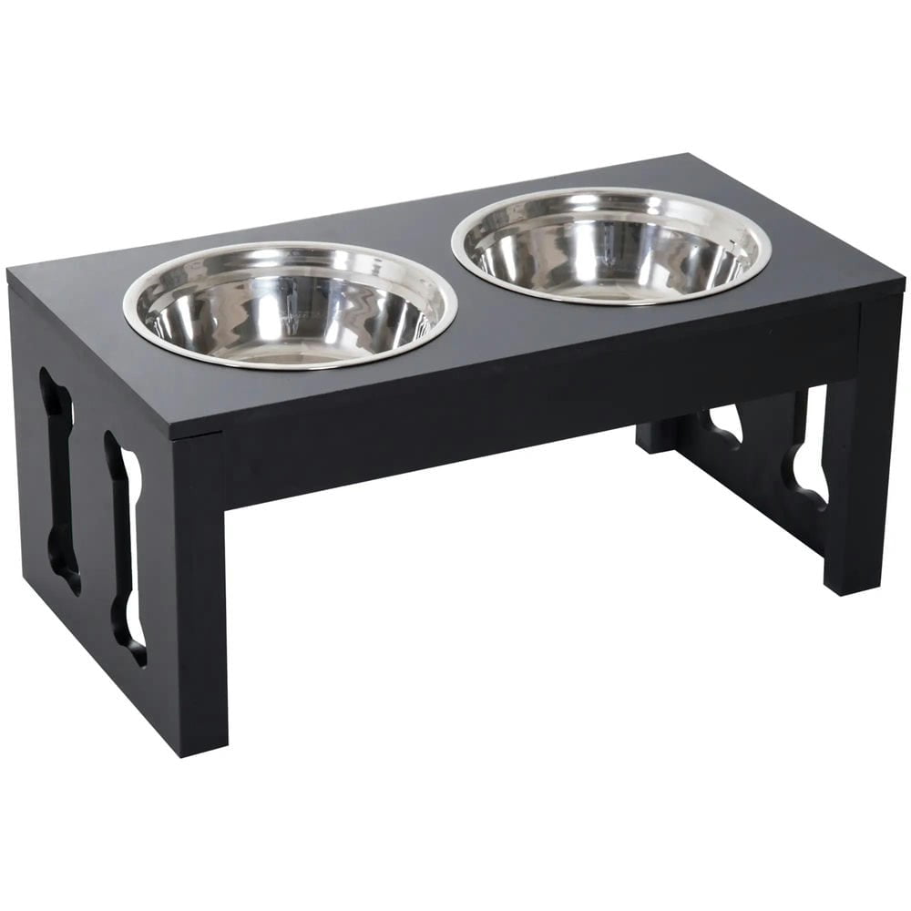 Spaco 23" Modern Decorative Dog Bone Wooden Heavy Duty Pet Food Bowl, Elevated Feeding Station, Black