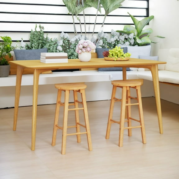 Spaco 24-Inch Outdoor Wood Bar Stools Set of 2, Bar Stool with Round Seat and Footrest for Patio, Garden, Backyard, Natural