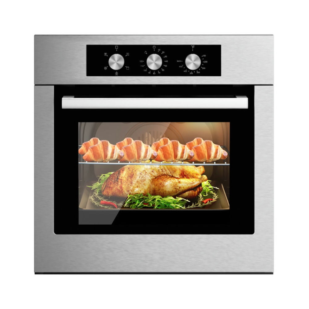 Spaco 24 Inch Single Wall Oven 2.47Cu.ft with 5 Cooking Modes, Single Wall Oven with 360 Hot Air Circulation, Well-made Built-in Oven with 3-layer Tempered Glass for Indoor, Silver