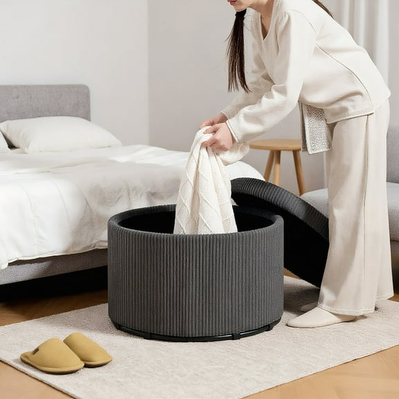 Spaco 24 Inches Round Storage Ottoman Stool with Lid, Upholstered Corduroy Foot Rest for Indoor as Living Room, Entryway, Gray