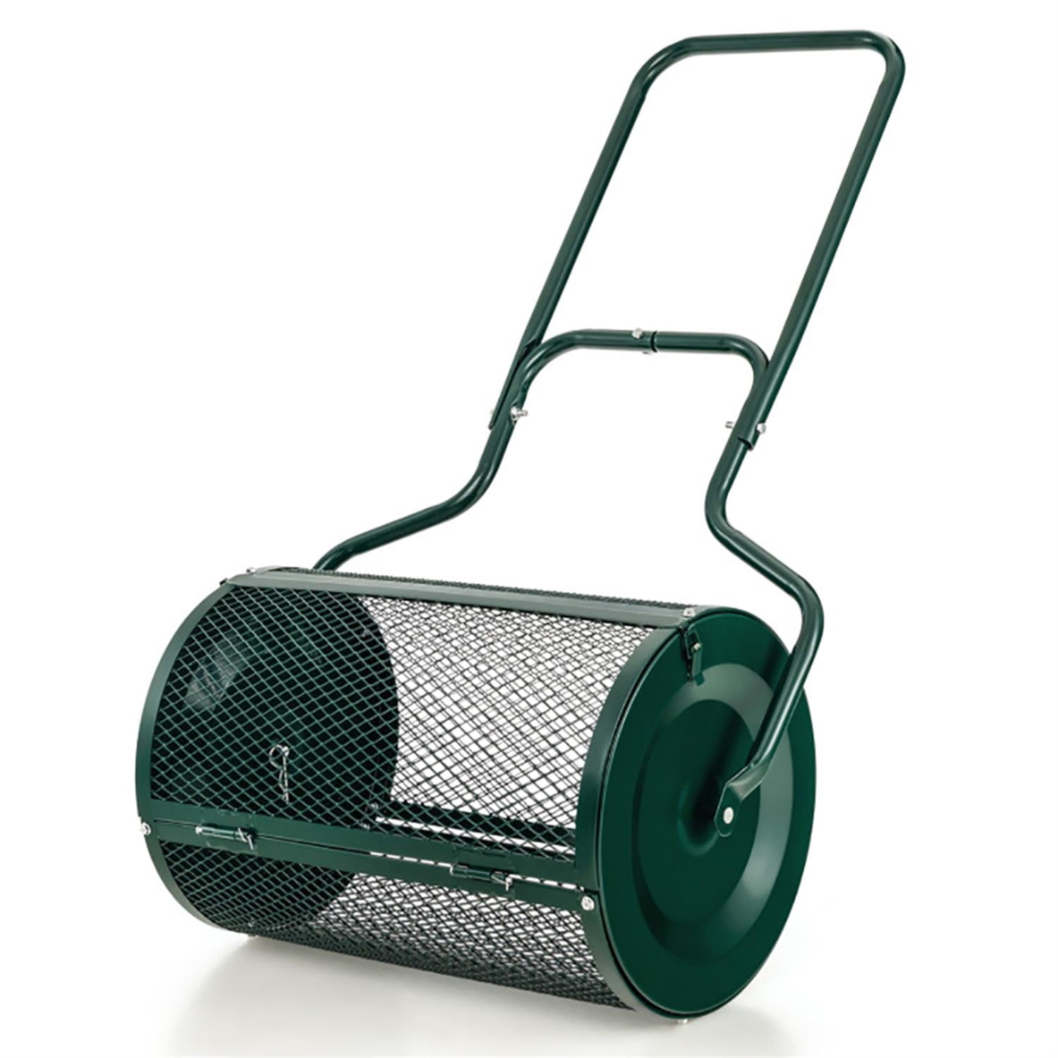 Spaco 24" Peat Moss Spreader with Upgrade Side Latches and U-shape Handle, Metal Mesh Roller Lawn Compost Spreader, Garden spreaders for lawns, Green