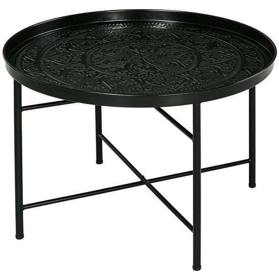 Spaco 24" Round Center Table, Coffee Table with Hammered Tray Top and Metal Frame for Indoor, Black