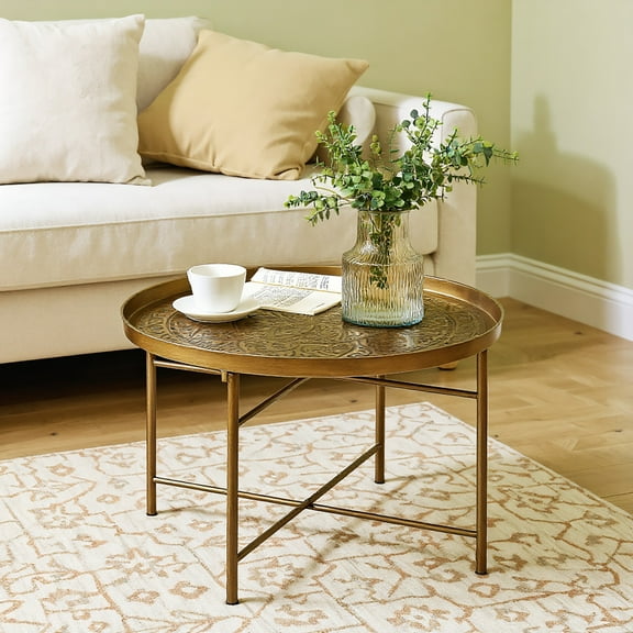 Spaco 24" Round Center Table, Coffee Table with Hammered Tray Top and Metal Frame for Indoor as Living Room, Bedroom, Gold