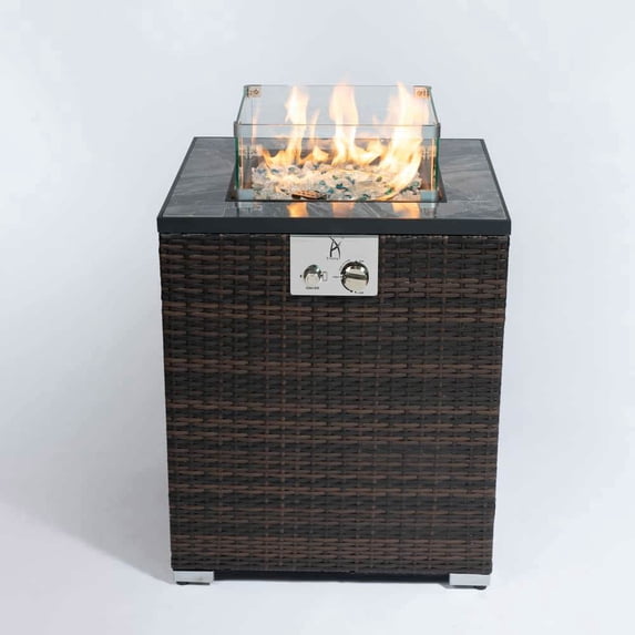 Spaco 24" Square Propane Gas Fire Pit Table, 50000 BTU Fire Pit, Tile Tabletop with Beautiful Wicker Base for Outdoor as Patio, Deck, Backyard, Brown