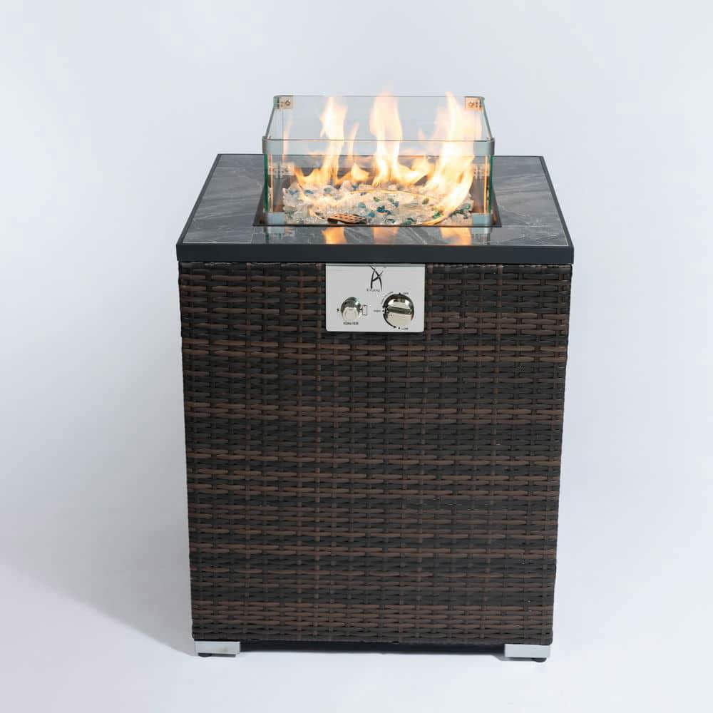 Spaco 24" Square Propane Gas Fire Pit Table, 50000 BTU Fire Pit with Tile Tabletop and Beautiful Wicker Base for Patio, Backyard, Brown