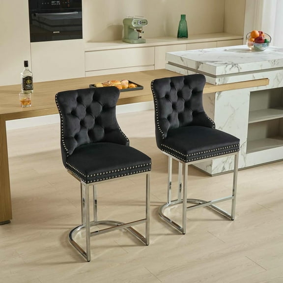 Spaco 25" Counter Height Bar Stools Set of 2, Modern Velvet Barstools with Button Back & Rivet Trim Upholstered Kitchen Island Chairs with Sturdy Chromed Metal Base Legs Farmhouse Bar Stools, Black