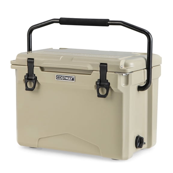 Spaco 25 QT Hard Cooler with Aluminum Handle and Integrated Cup Holders-Tan