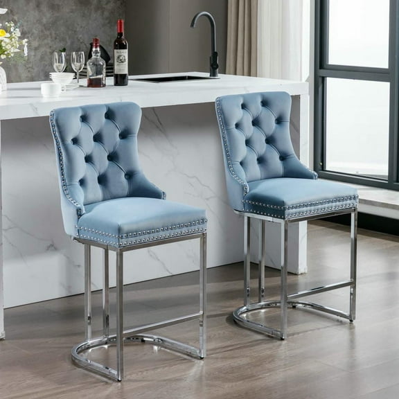 Spaco 26" Counter Height Bar Stools Set of 2, Modern Velvet Barstools with Button Back, Kitchen Chairs with Sturdy Chromed Metal Base Legs, Farmhouse Bar Stools for Indoor, Light Blue
