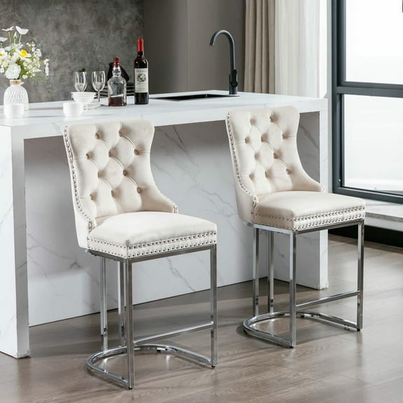 Spaco 26" Counter Height Bar Stools Set of 2, Modern Velvet Barstools with Button Back, Upholstered Kitchen Island Chairs with Sturdy Chromed Metal Base Legs, Farmhouse Bar Stools for Indoor, White