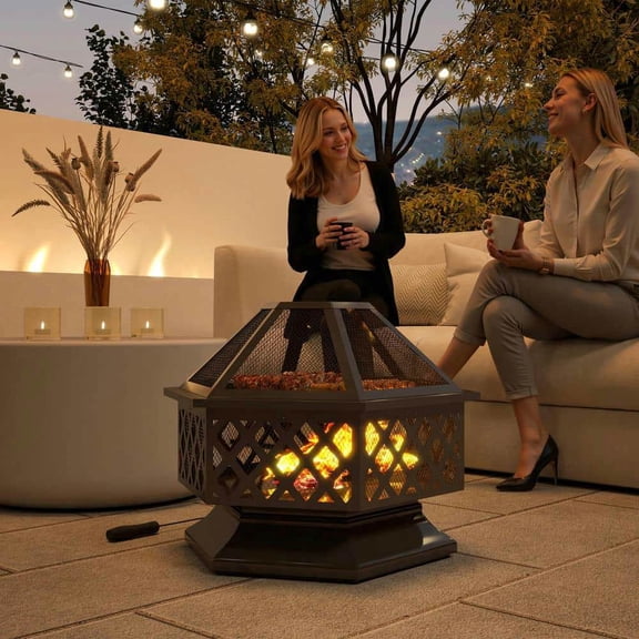 Spaco 28" Fire Pit with Grill Hexagon, Fireplace Wood Burning Firepit with Cooking Grate, Firepit with Fire Poker and Spark Screen Lid for Outdoor as Patio, Picnic, Backyard, Black