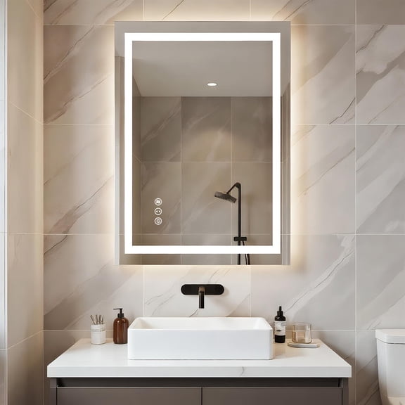 Spaco 28x20 Inch Frameless LED Bathroom Mirror, White, Unbreakable Tempered Glass, Anti-Desilvering, 50,000-Hour LED, Ultra-Bright Lighting, Touch Control, Defogging, Timeless Design