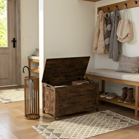 Spaco 29.9" Storage Trunk w/ 2 Safety Hinges and Storage Chest, Wooden Storage Bench with Side Handles for Indoor as Living Room, Entryway, Rustic Brown