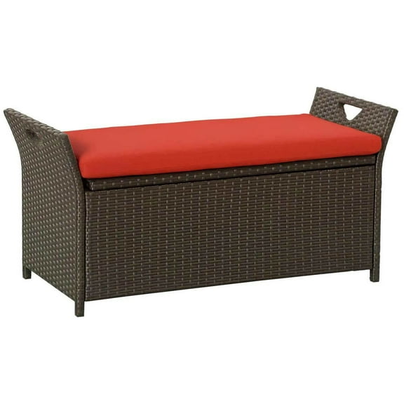 Spaco 29 Gallon Patio Wicker Storage Bench, 2-In-1 Large Capacity Rectangle Garden Storage Box with Handles and Cushion, PE Rattan Patio Furniture for Outdoor as Backyard, Lawn, Garden, Red