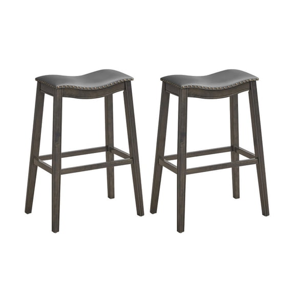 Spaco 29 Inch Set of 2 Backless Wood Nailhead Barstools with PVC Leather Seat-Gray, Bar Height Stools, Counter Height Bar Stools for Kitchen, Dining Room