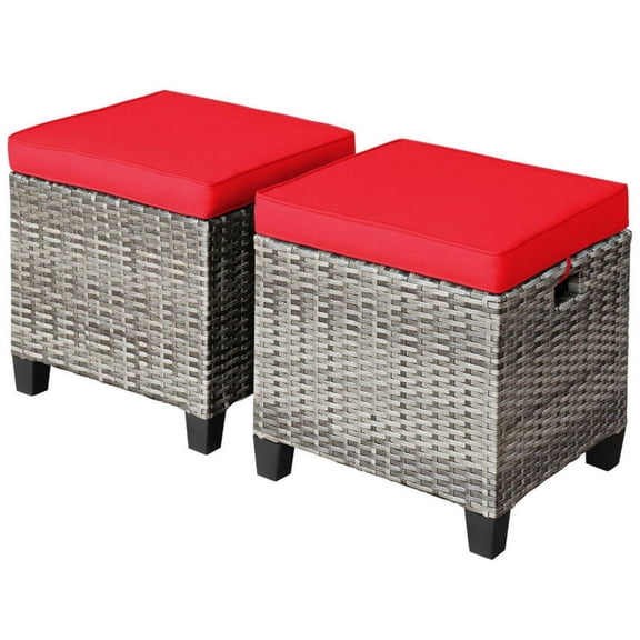 Spaco 2PCS Patio Rattan Wicker Ottoman Seat, Patio Chair with Removable Cushions, Red