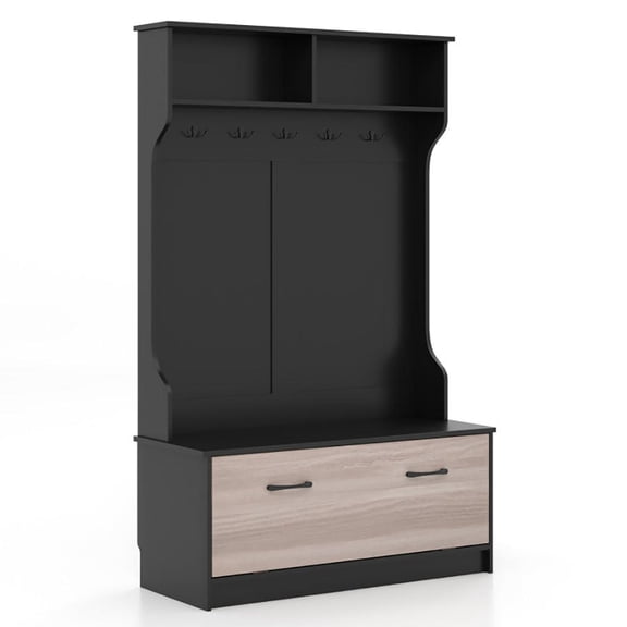 Spaco 3 in 1 Coat Rack with Entryway Bench and Hooks and Enclosed Cabinet-Black, Metal Hall Tree with Coat Rack & Shoe Bench, Shoe Storage Rack for Entryway Storage