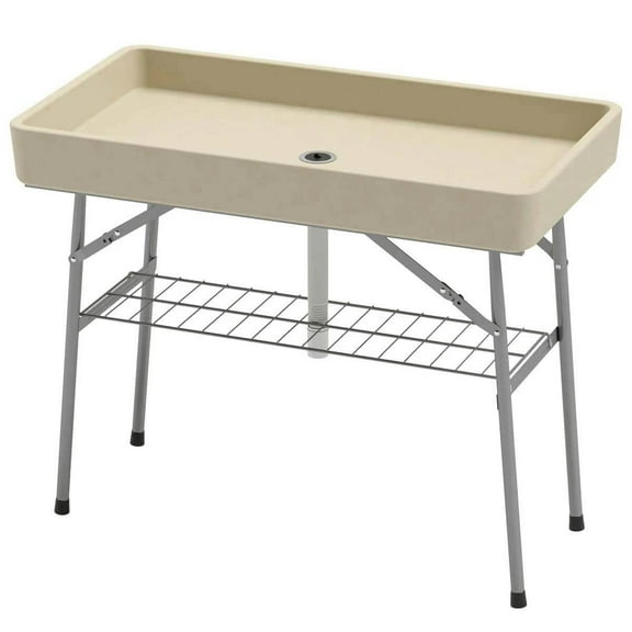 Spaco 3.4 FT Folding Ice Cooler Table with Drain, Fill and Chill Table Outdoor Table Cooler with Storage Shelf, Drink Cooler for Outdoor as Garden, Backyard, Patio, Tan