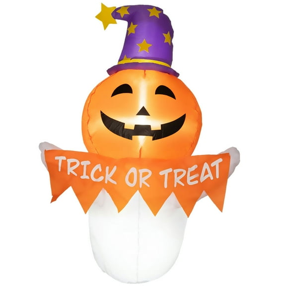 Spaco 3.4 Feet Halloween Inflatables Window Sticker Ghost with Orange Face, Waterproof Window Sticker Ghost with Blow Up LED, Halloween Decorations for Outdoor, Orange
