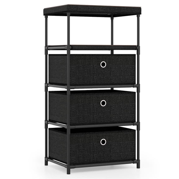 Spaco 3-Drawer Fabric Storage Tower, MDF Wood Top & Metal Frame, Built-In Shelf + Foldable Drawers, Rustic Brown & Black