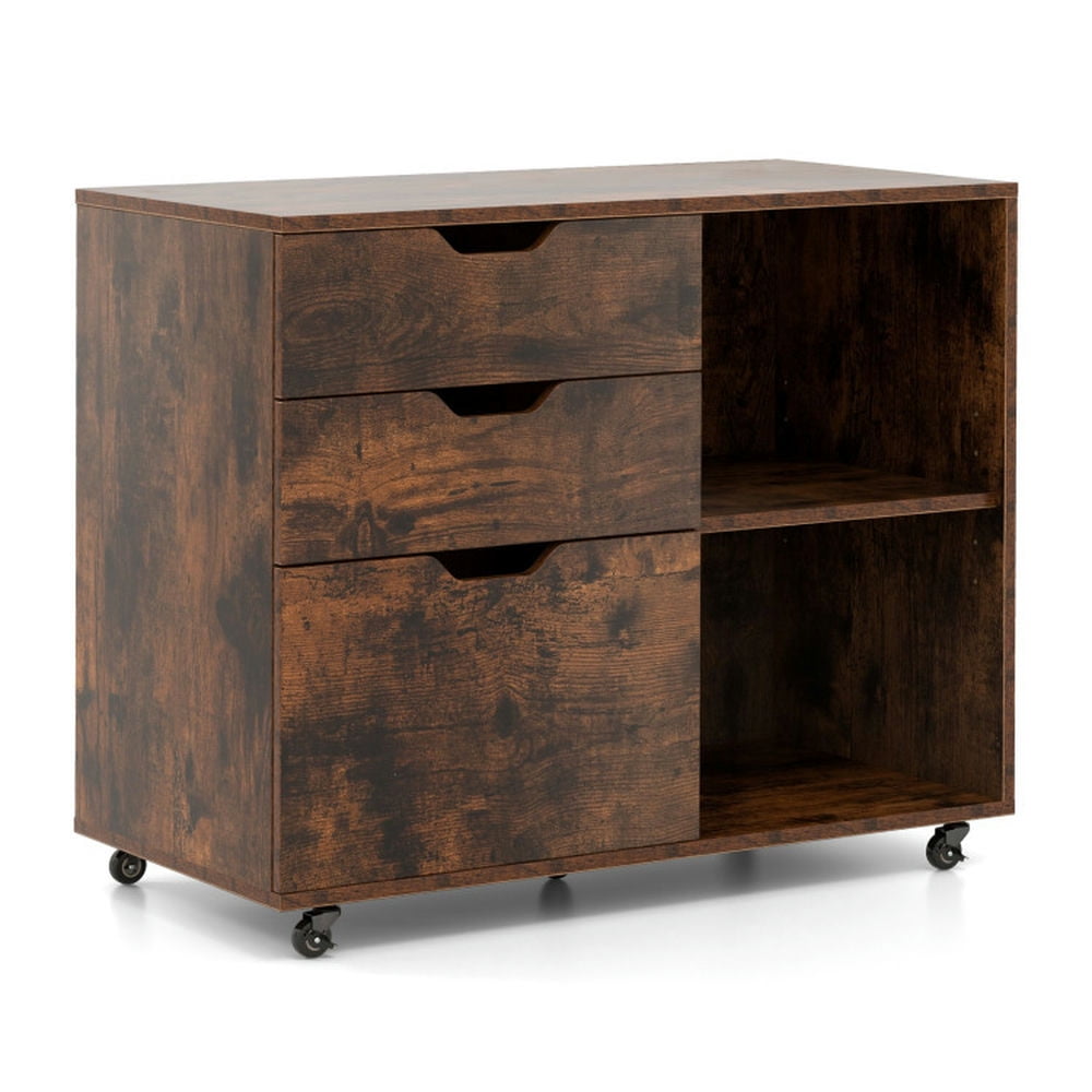 Rustic Brown Mobile 3-Drawer File Cabinet with Adjustable Shelf