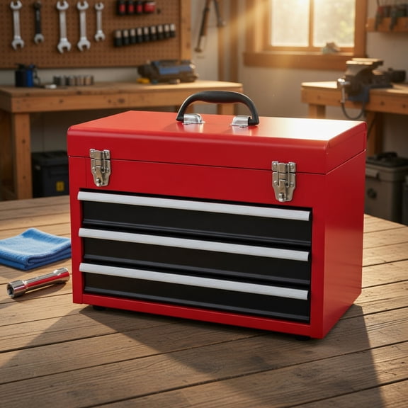 Spaco 3-Drawer Portable Tool Cabinet for Mechanics, Compact Rolling Garage Storage Box with Top Tray, Powder-Coated Finish, Red & Black