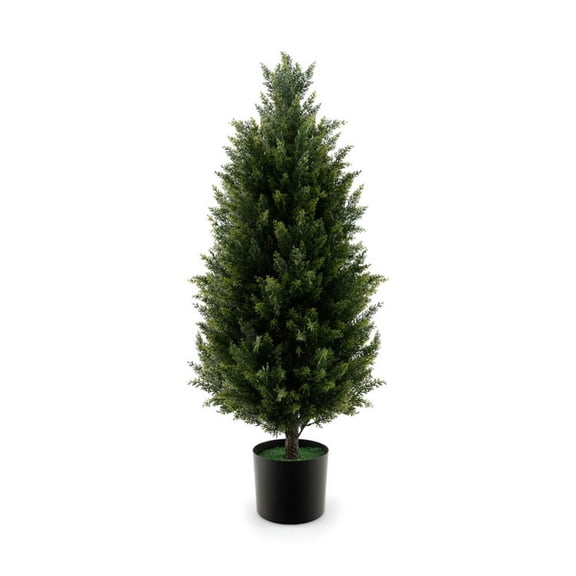 Spaco 3 FT Artificial Topiary Cedar Tree, Artificial Cedar Tree with Cement Plastic Pot and Faux Moss, Artificial Cedar Tree for Indoor as Living Room, Office, Green