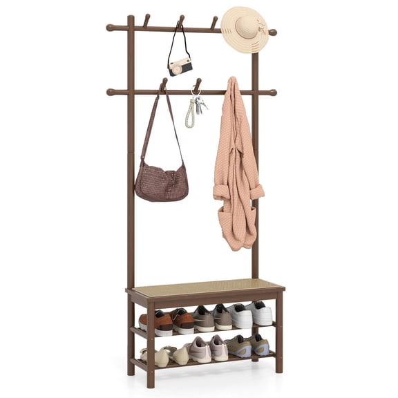 Spaco 3-Function Bamboo Hall Tree, Coat Rack + Shoe Bench, 11 Hooks with PE Rattan, Brown