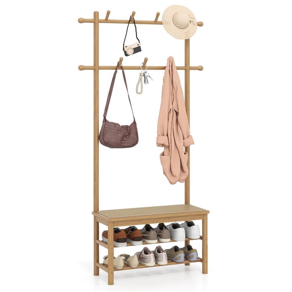 Spaco 3-In-1 Bamboo Hall Tree, Coat Rack & Shoe Bench with Open Storage Shelves, PE Rattan, Brown