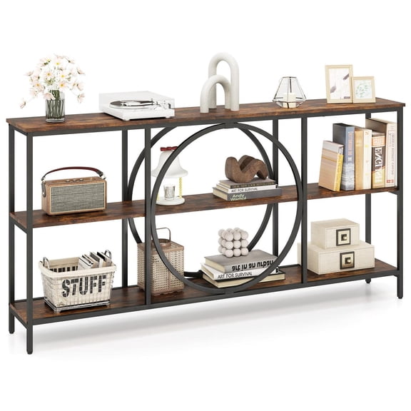 Spaco 3-Layer Console Table, Faux Marble Surface, Metal Frame with Anti-Tip Design, Rustic Brown