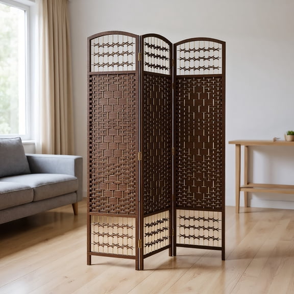Spaco 3 Panel Folding Room Divider, Portable Privacy Screen Wave Fiber Room Partition for Indoor as Living Room, Entryway, Brown