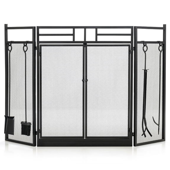 Spaco 3-Panel Folding Wrought Iron Fireplace Screen with Doors and 4 Pieces Tools Set-Black, Fireplace Doors, Flat Panel Decorative Fireplace Screen with Modern Design