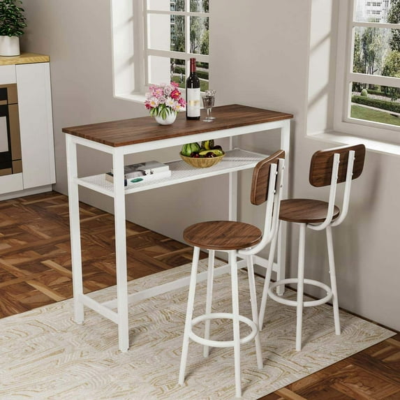 Spaco 3-Piece Bar Table Set, Bar Table and Chairs Set of 2 with Metal Frame and Storage Rack, Modern Counter Height Table with 2 Stools for Indoor, Brown