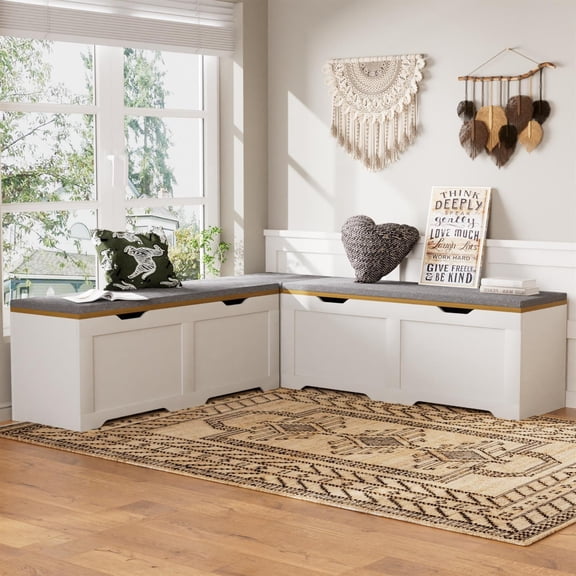 Spaco 3-Piece L-Shaped Storage Bench with Cushion, Multi-Functional Corner Seat for Kitchen, Toy Box & Reading Nook, 63"D x 63"W x 19.1"H, White