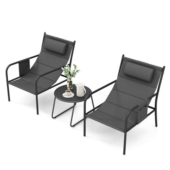 Spaco 3 Piece Outdoor Bistro Set, Patio Metal Chair and Coffee Table Set, Comfortable Padded Seat, Gray