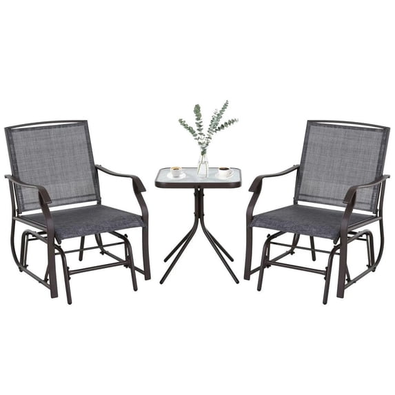 Spaco 3-Piece Outdoor Glider Chair with Coffee Table Bistro Set, 2 Patio Rocking Swing Chairs with Breathable Sling Fabric, Glass Tabletop, for Backyard, Garden and Porch, Gray