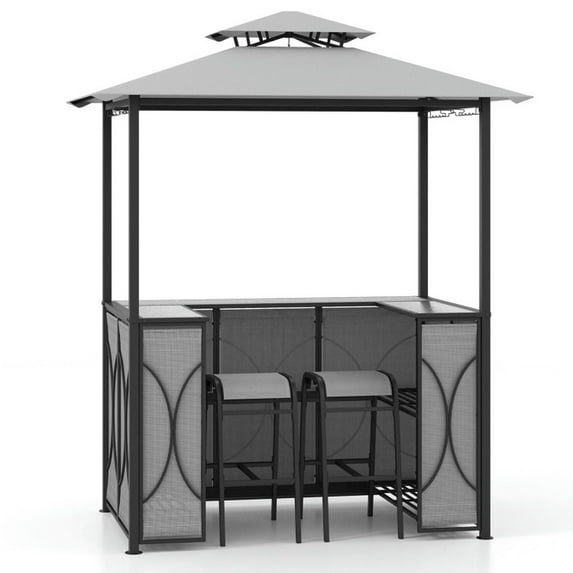 Spaco 3-Piece Patio Bar Set with A Heat-Resistant Tempered Glass Top, Grill Gazebo & 2 Bar Stools with Tempered Glass Bar Table, Bar Set for Outdoor, Gray