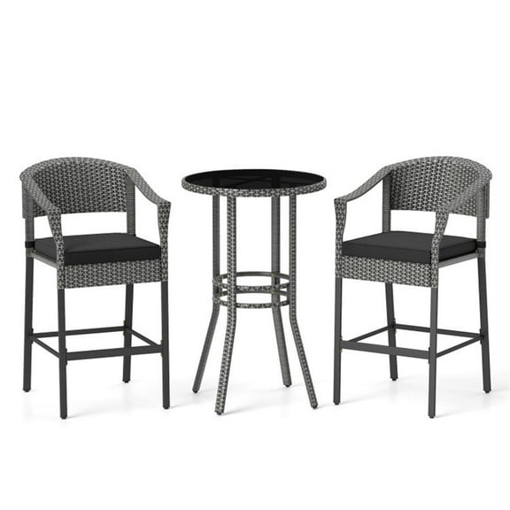 Spaco 3-Piece Patio Rattan Bar Set with Tempered Glass Top for Backyard Poolside, Deck Furniture, Outdoor Patio Furniture-Gray