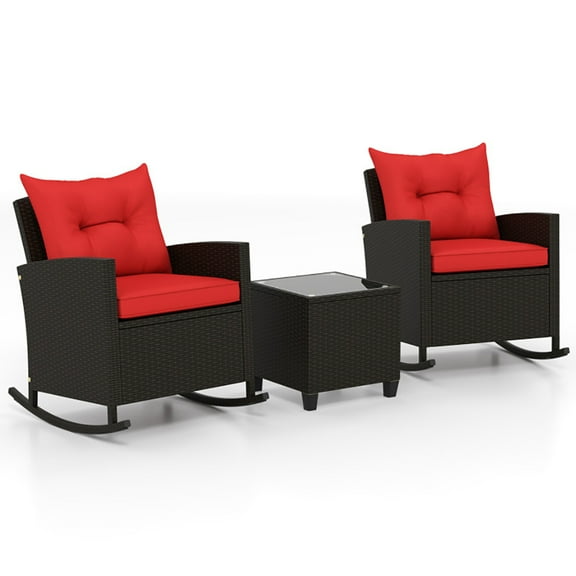 Spaco 3-Piece Patio Rattan Roker Chairs, Roker Chair with Tempered Glass Table and So Feet Cushions, Red