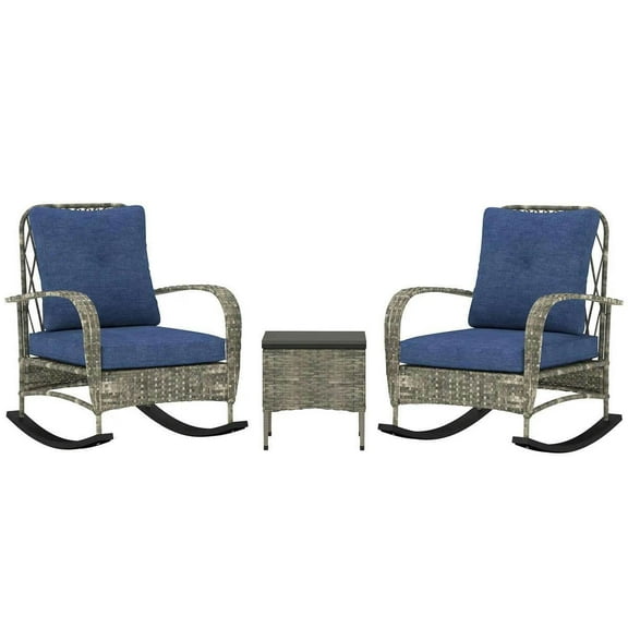 Spaco 3 Piece Wicker Patio Furniture Set with Cushions, Outdoor PE Rattan Rocking Chairs with Coffee Table for Outdoor as Garden, Backyard, Patio, Gray