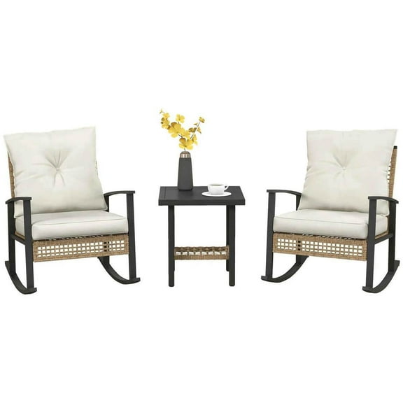 Spaco 3 Pieces Bistro Set with Rattan Rocking Chairs and Coffee Table, Patio Wicker Furniture Set with Button Tufted Cushions for Outdoor, White