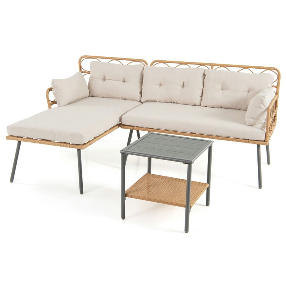 Spaco 3 Pieces Corner Patio Furniture with Small Coffee Table, Patio Furniture Set for Outdoor as Garden, Yard, Beige