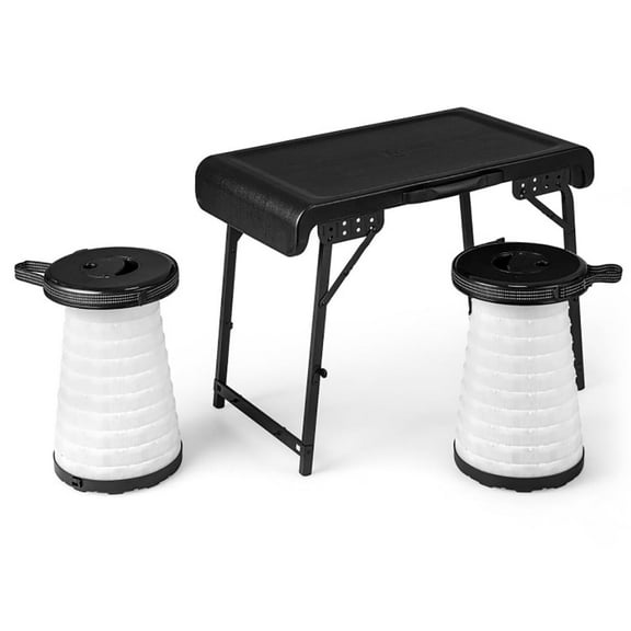 Spaco 3 Pieces Folding Camping Table Stool Set with 2 Retractable LED Stools-Black, Folding Table for Patio Pool Park Outdoor